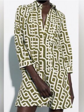 ZARA Green Geometric Print Linen Blend Shirt Dress Mod Retro Mini Tunic Small